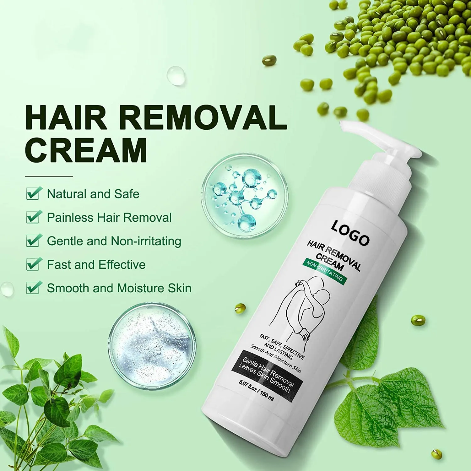 Private Label Hair Removal Cream  Painless Natural Depilatory Cream for Men and Women