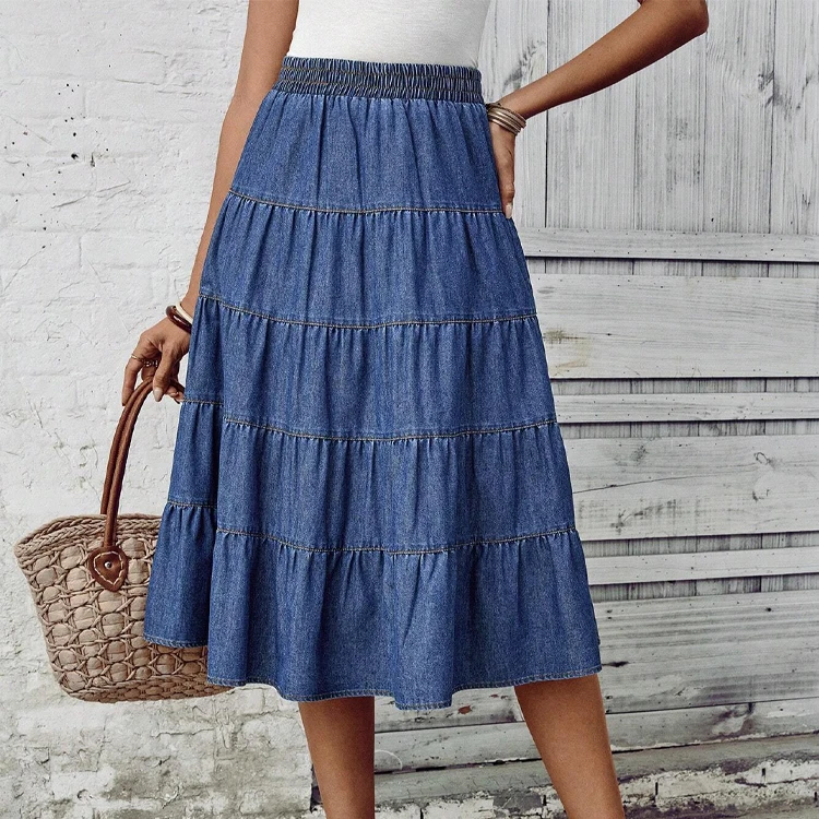 Casual Solid Blue A-Line Dress High Waist Loose Big Skirt Hemline Ruffle Denim Frill Skirt Pockets Button Fashionable Straight