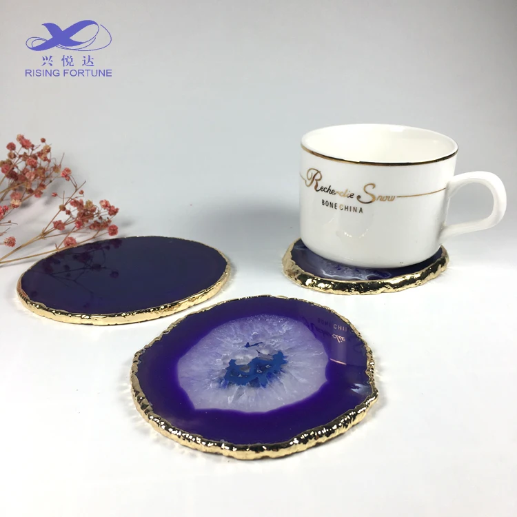 Best selling natural agate coasters  with gold rim natural agate slices with gold rim blue agate coaster