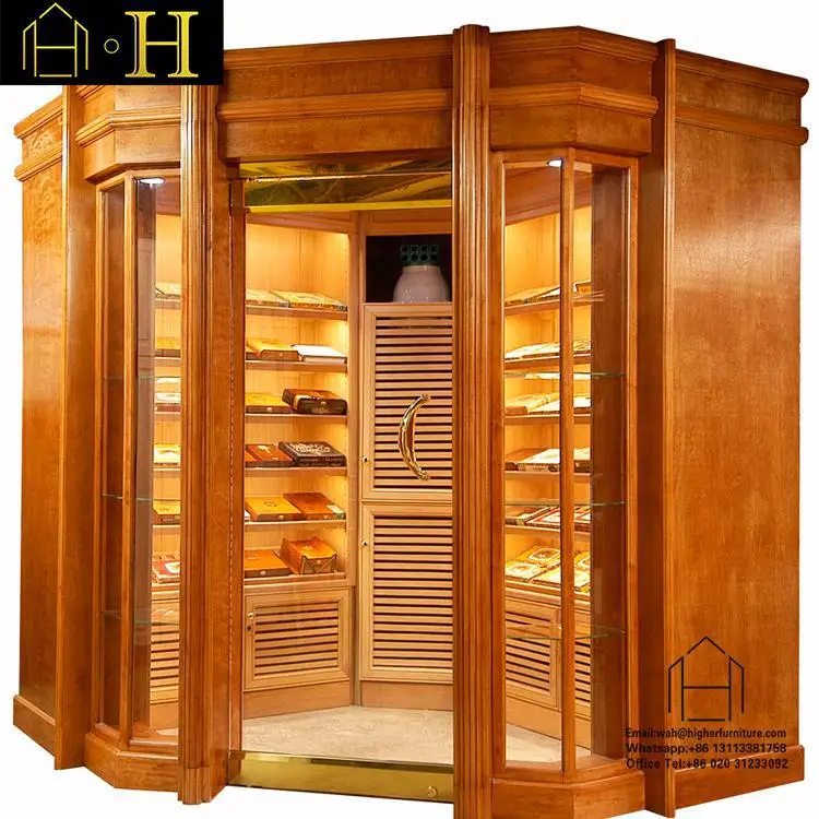 Customized Wooden Cigar Humidor Cabinet Wall Glass Door Display Cabinet Cigar Display Showcase