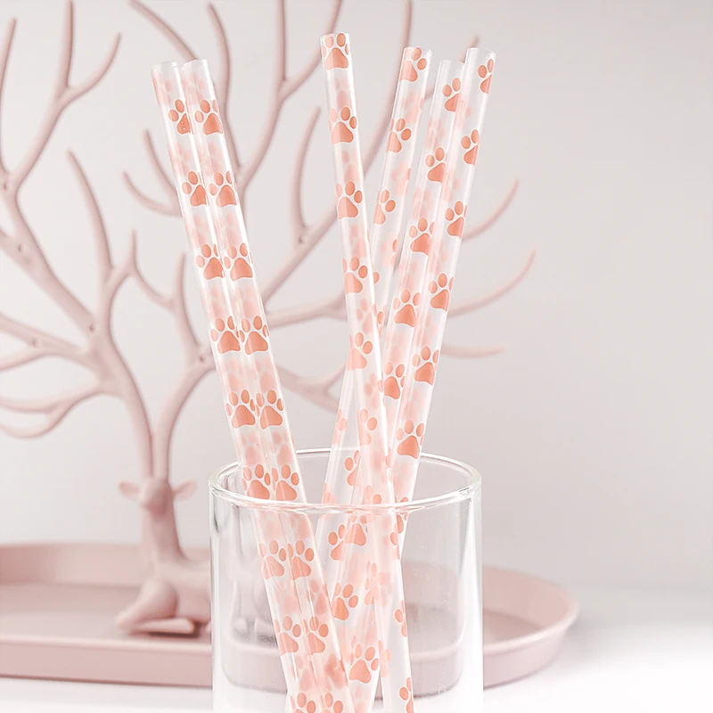 reusable paw printing drinking straws, custom made clear 9 inch drinking straw with paw design, decorative  paw printing straws