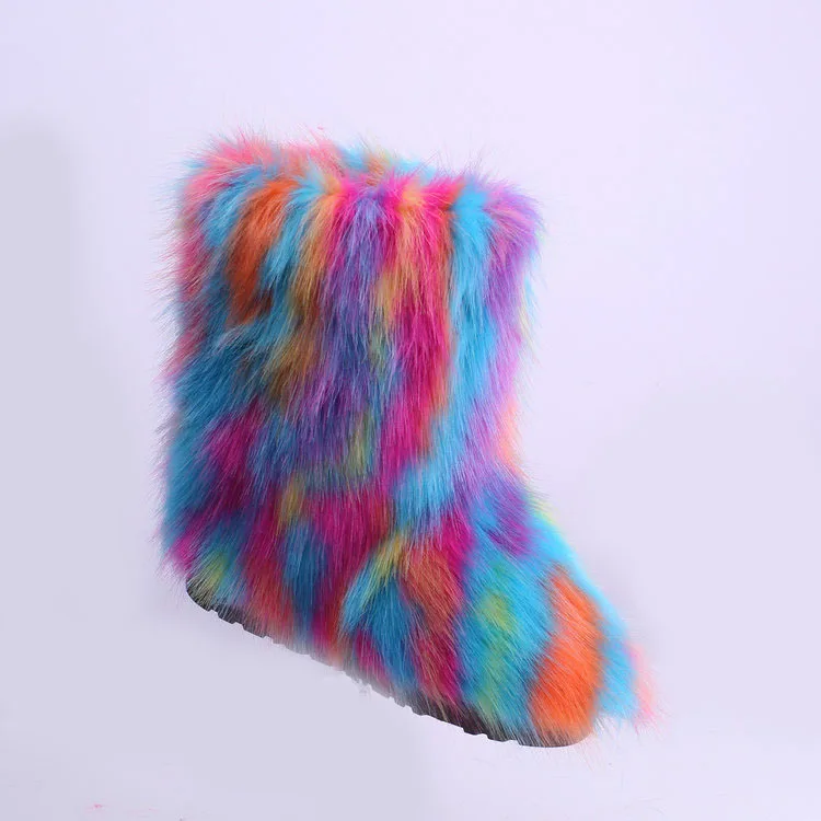 Wholesale Ladies Hot Sale Colorful High Warm Faux Fox Fur Boot Shoes Women Winter Snow Slipper Boots