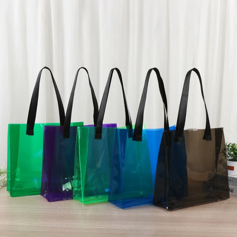 Custom Women Fashion Translucent Plastic Leather Clear PVC Handbag Waterproof Transparent Tote Beach Bags Neon Shopping Bag