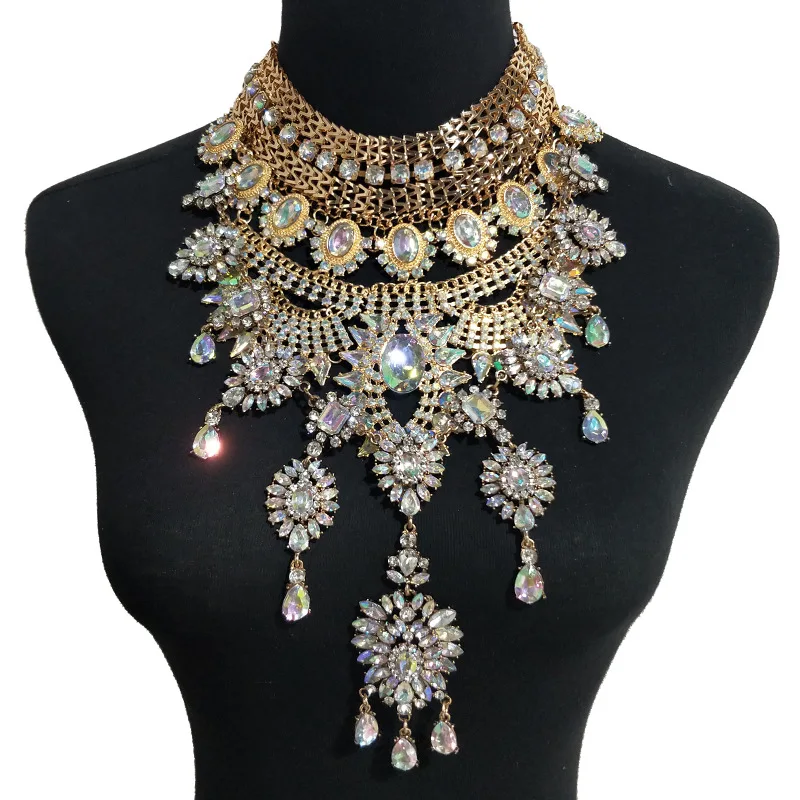 Exaggerated handmade DIY long necklace women catwalk style super flash diamond flower tassel clothing chain wholesale