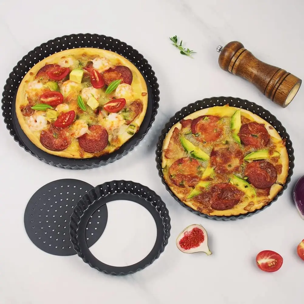 1 Piece Tart Pan 5inch Shell Carbon Steel Tart Molds Kitchen Cooking Pan Pizza  with Holes and Removable Bottom, Black