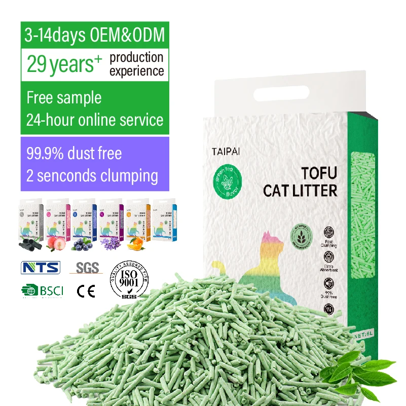Wholesale Manufacturer Green Tea Scent tofu Arena de gato de 6l Plant Degradable Clumping 5 Flavors Cat Sand litter