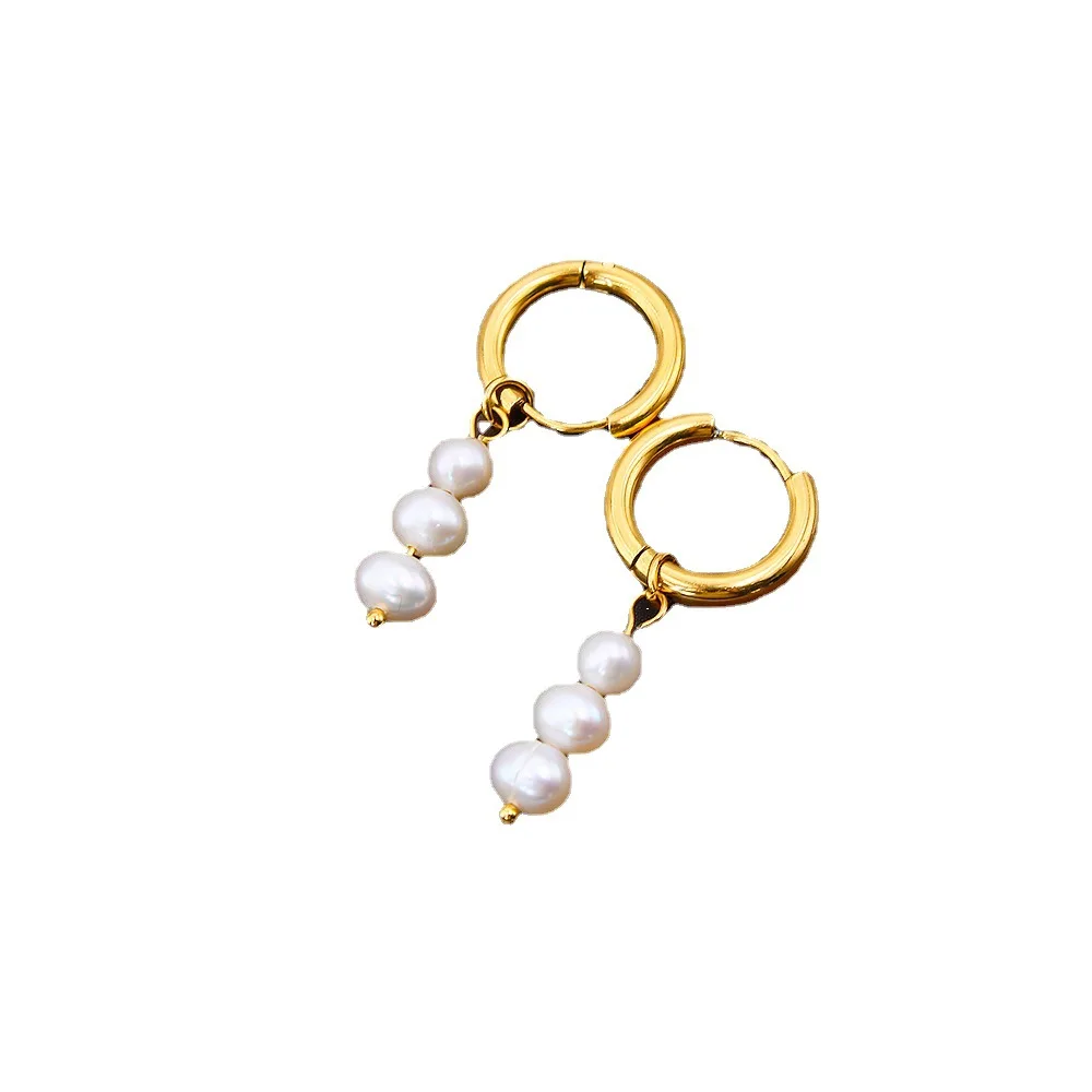 Wholesale 18k Gold Plated Earrings Stainless Steel Hoop Beaded Baroque Freshwater Pearl Earring For Women