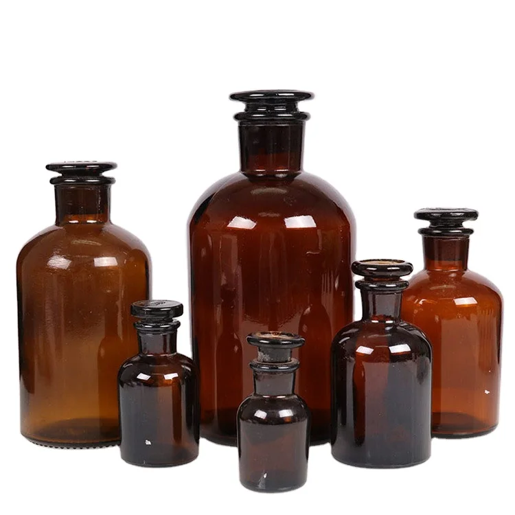Wholesale 30ml 60ml 125ml 250ml 1000ml amber glass apothecary bottles with stoppers reagent bottle wide narrow mouth
