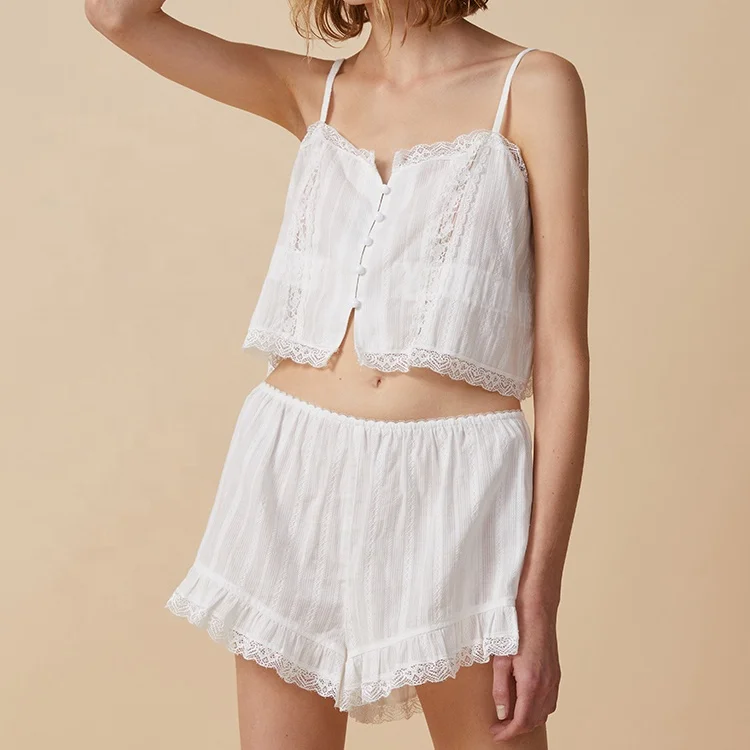 Cotton Cami Top And Shorts Set Wholesale Pajama Lace Sleepwear Girl Night Dress Hot Pajamas Photos Girls Pajamas Transparent