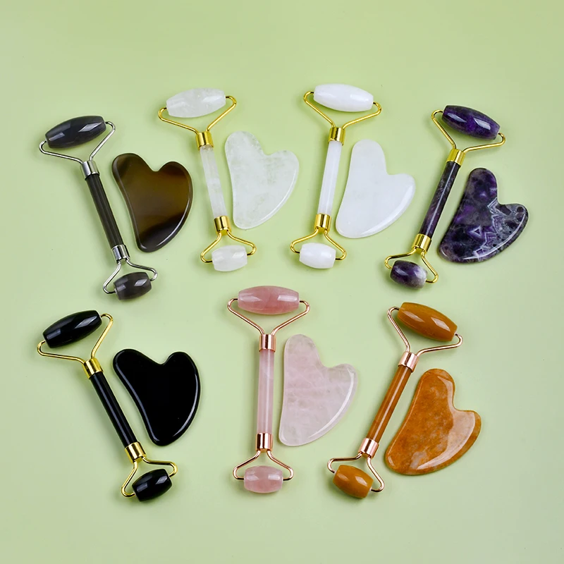 Crystal Jade Roller And Gua Sha Set Heart Shaped Guasha Stone And Jade Face Roller Custom Jade Roller And Gua Sha Massage Kit