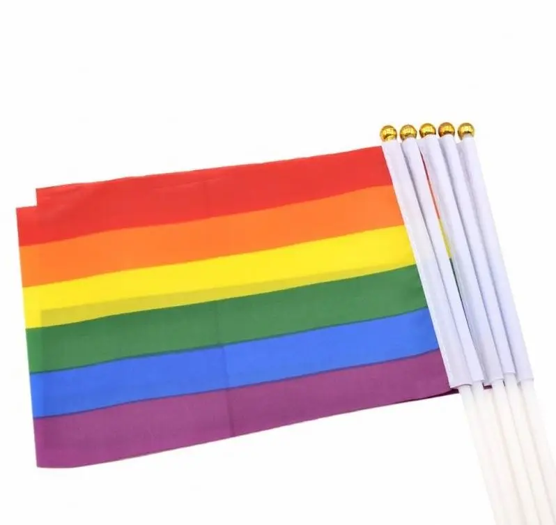 14*21cm gay pride Small national flag rainbow hand waving flags With Plastic Flagpoles For Sports Parade Decoration WCW378