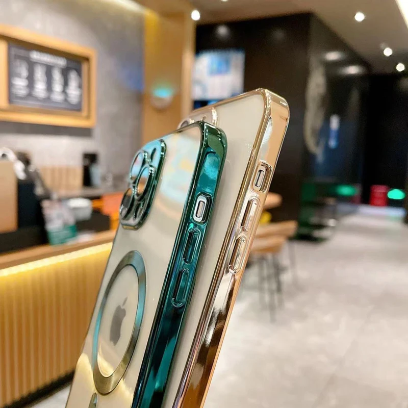 Мягкий силиконовый чехол для iPhone 14 13 Pro Max с гальваническим покрытием прозрачный телефона Magsafes противоударный