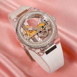 Bling Female Transparent Red Rubber Silicone Hand Square Wrist Luxury Automatic Mechanical Lady Watch Women