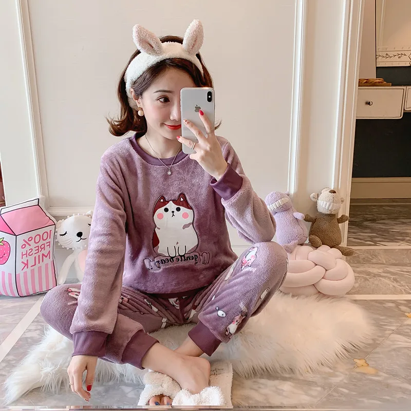 Winter Adults Flannel Round Neck Cartoon Women Sleepwear Costume Pajamas Sets Lovely Animal Pyjamas