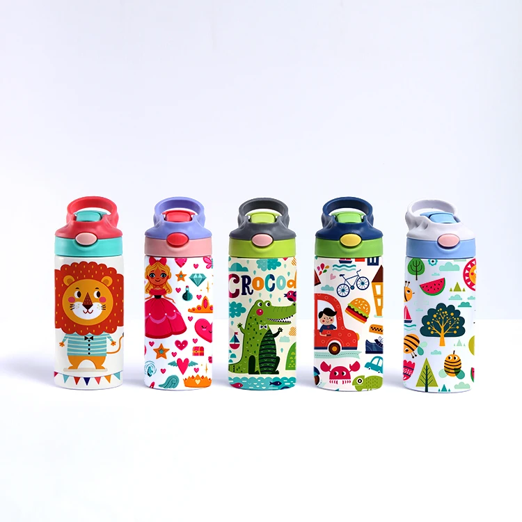 Everich 14oz OEM Carton Pattern Insulated Stainless Steel Vacuum Flask Water Bottles With Straw Lid for Kids