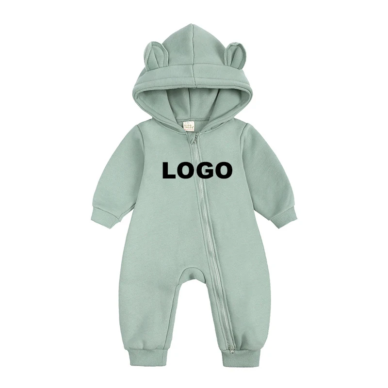 Custom LOGO Newborn Baby Girls Boys Bodysuit Winter Jumpsuit Solid Bear Ear Kids Clothes Hoodie Baby Rompers Set