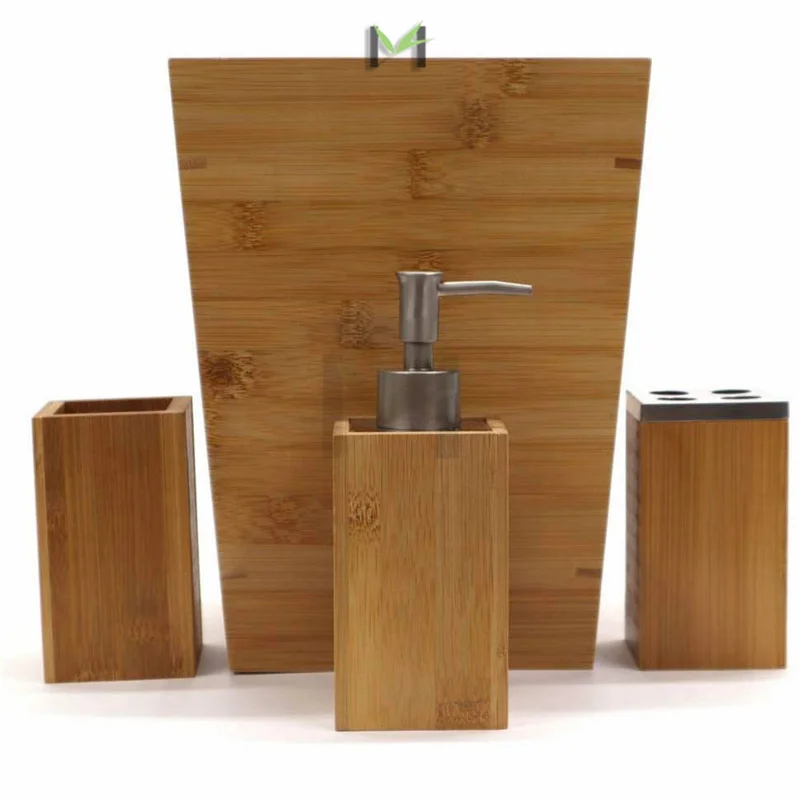 Wood Boho Bathroom Accessory Set Toiletry Box Toothbrush Holder Liquid Bamboo Soap Dispenser Wood Towel Tray Bamboo Decor