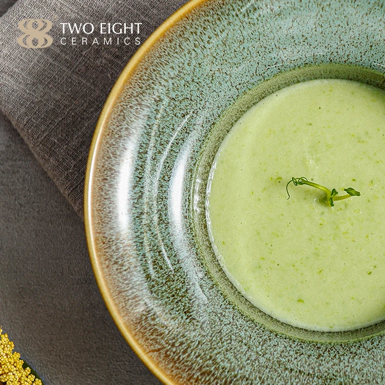 Wholesale Green Glazed Dinner Plates Sets Dinnerware Restaurant Tableware Supplier Rustic Porcelain Ceramic Dishes Plates Set