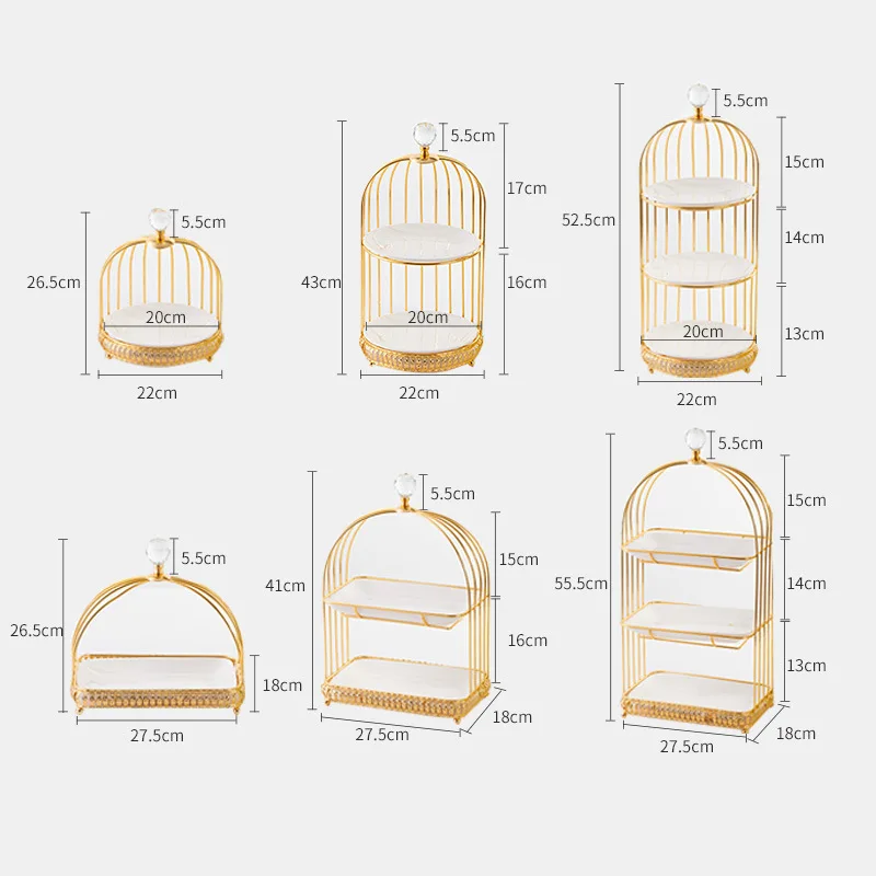 Luxury Crystal Food Tray Living Room Creative Birdcage-Shaped Iron Dessert Fruit Tray with White Ceramic Dishes