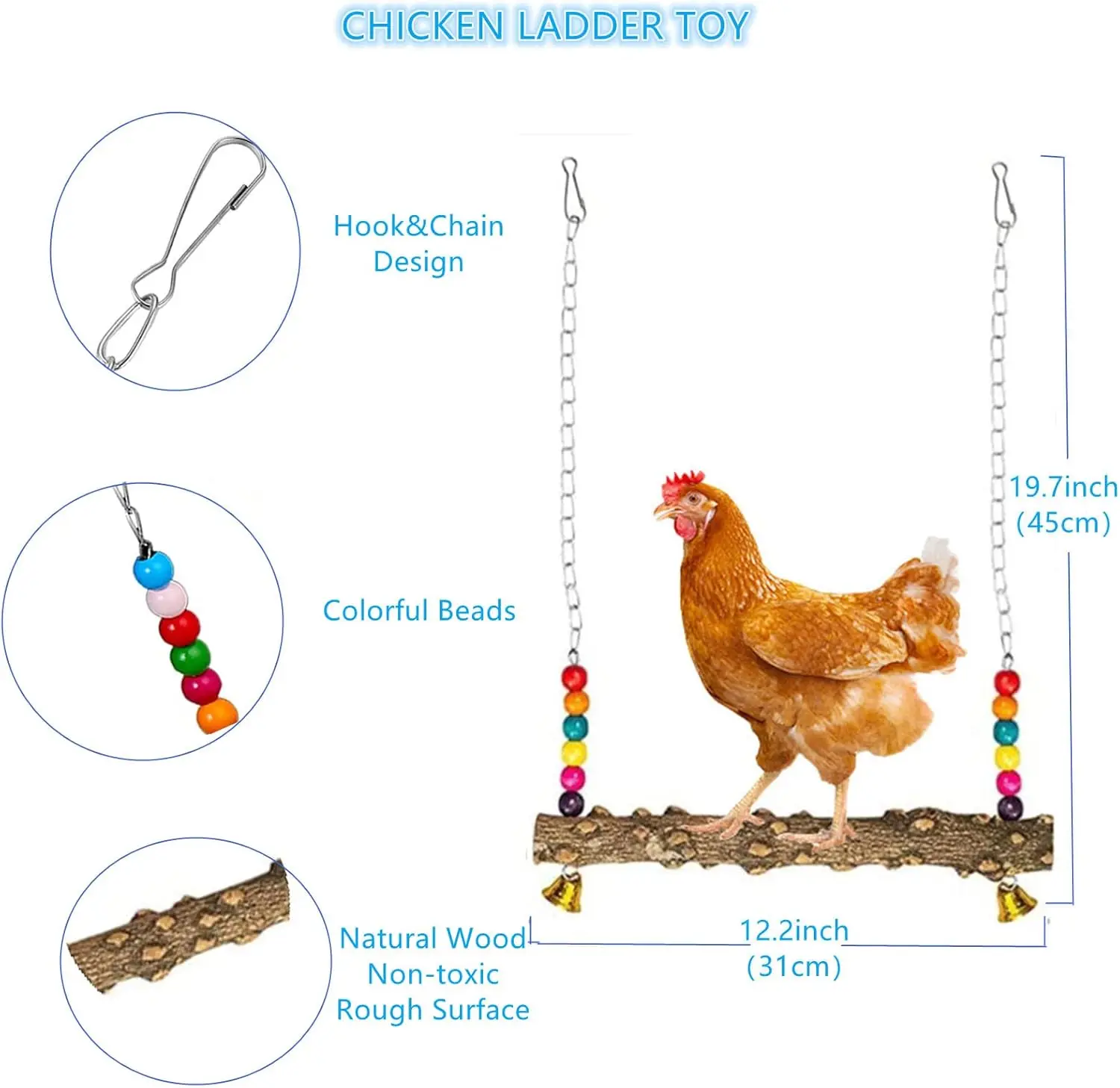 Longer Chain Chicken Toy for Coop Parrot Swing Ladder Perch Chicken Mirror with Bells Hanging Chicken Toy for hens Bird Parrot