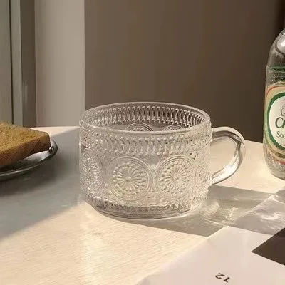 Vintage Glass Coffee Mugs 14 Oz Set of 2 Clear Embossed Tea Cups, Glass Coffee Cups for Cappuccino, Latte, Cereal, Yogurt, Bever