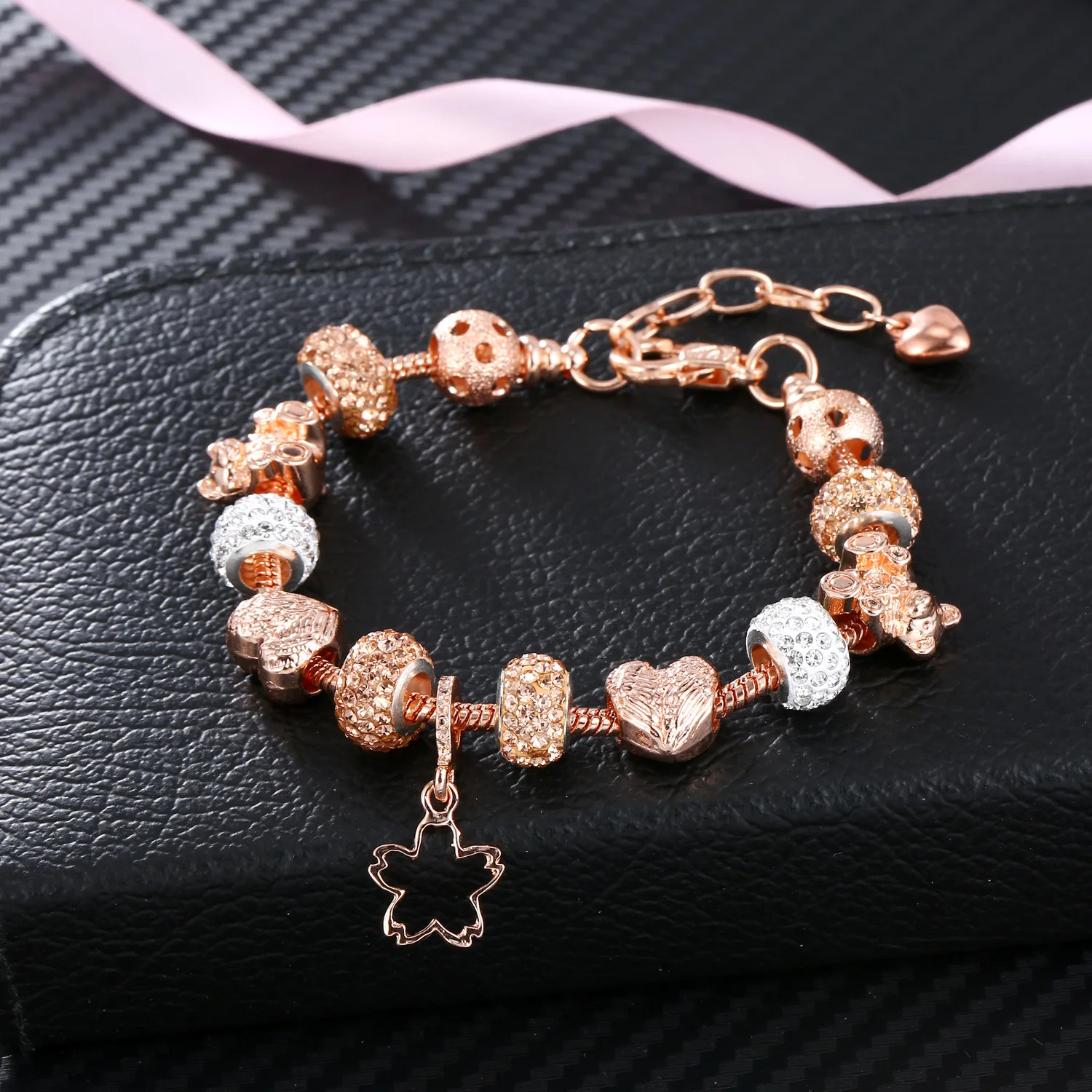  Exquisite Design Austrian Crystal Beads Bracelets Rose Gold Plated Heart Charm For Women