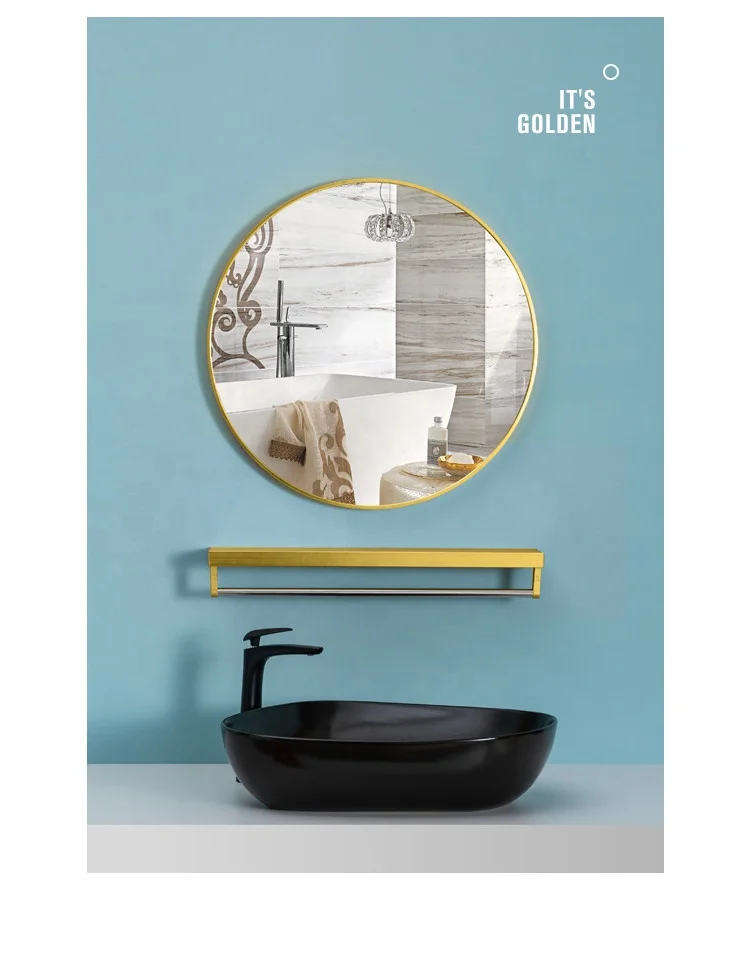 Nordic fashion black white gold wall hanging bathroom round mirror with shelf