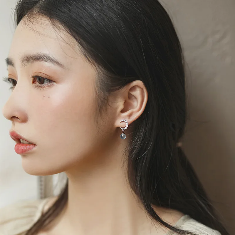 Crescent Moon Star Studs Earrings for Women Sterling Silver 925 Natural Crystal Stud Jewelry Gift for Women Teen Stud Earrings