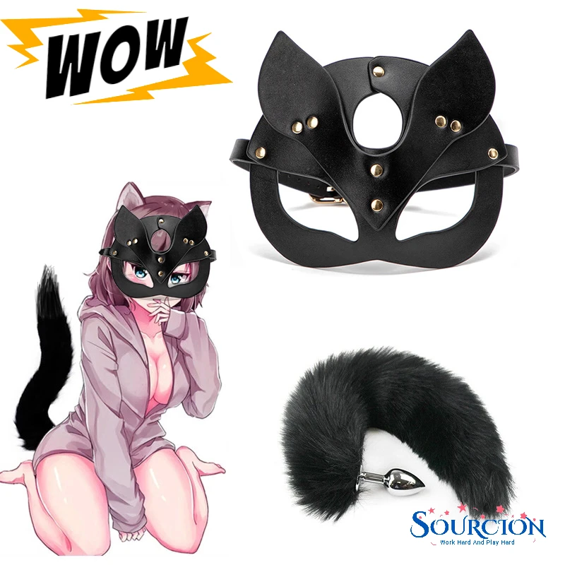 Маска лисы для косплея Sourcion, хвост, Анальная пробка, металлический анус, Анальная пробка, полумаска для кошки, сексуальный стимулятор для вечеринки, секс-игрушки для женщин