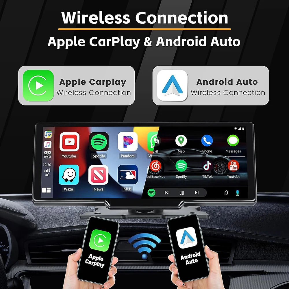 10.26 Inch Wireless CarPlay Monitor IPS Screen Android Auto Touch Screen WIFI FM BT 5.0 Rearview Dash Cam Multimedia Player AUX