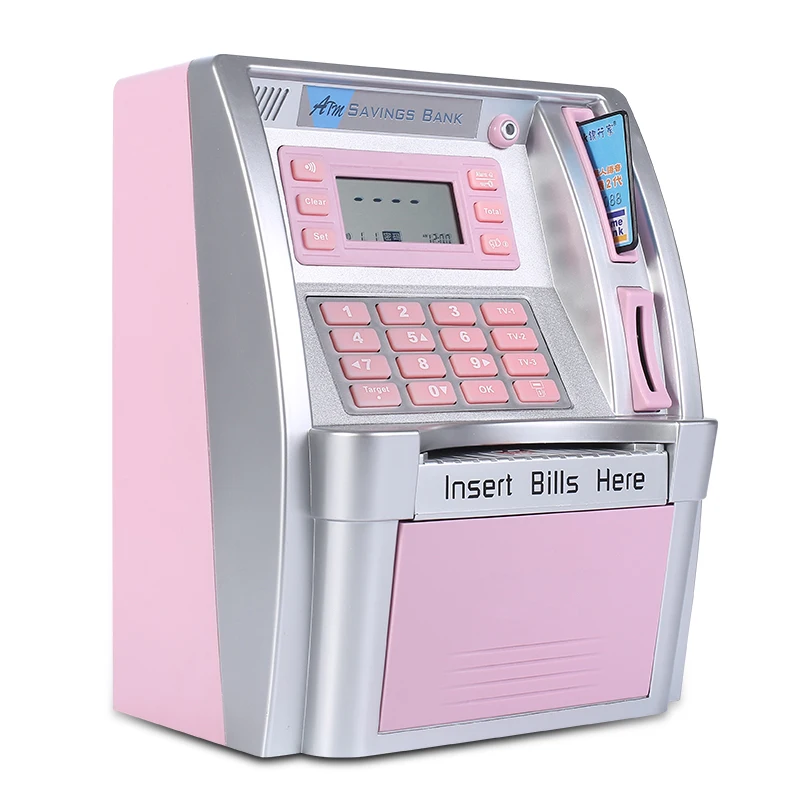 High quality plastic pink money box with password save paper money and coin mini electric ATM piggy bank for kids