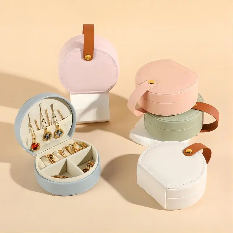 Portable Travel Jewelry Storage Box round Zipper PU Leather Ring Earrings Display Case PC Material