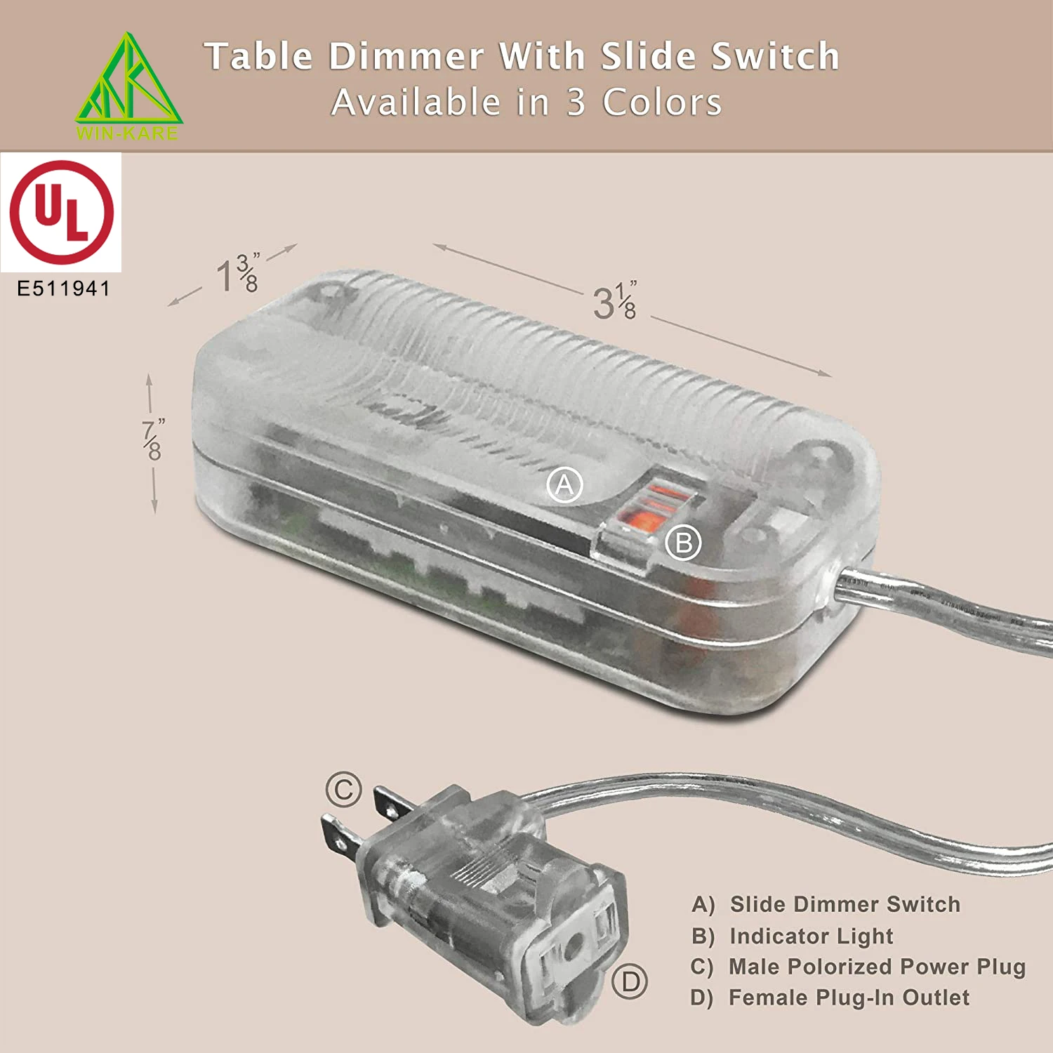 Full Range Slide Control Plug in table lamp Dimmer Switch for for Dimmable LED CFL Lights and Incandescent Bulbs