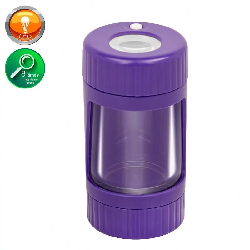 Hot Selling Plastic 4 in 1 Glow LED Storage Jar with Herb Grinder Jar Custom Logo Magnifying Glass Jar Container