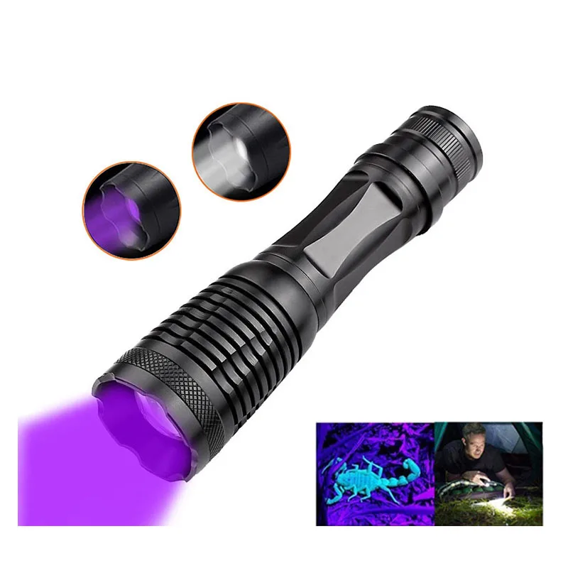 High power 2 in 1 Zoomable USB Rechargeable LED mini Strong Flashlights UV purple light outdoor Hiking Riding Lightening Tool