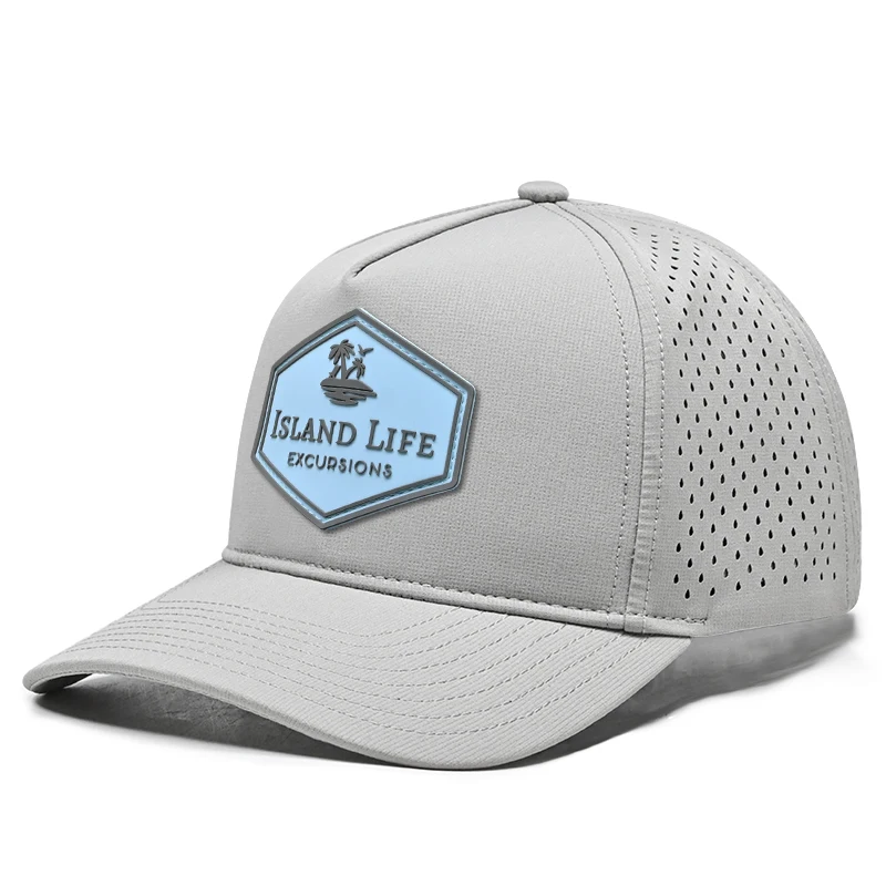 High quality 5 panel Polyester spabdex pvc leather patch baseball waterproof cap for man trucker hat plastic buckle