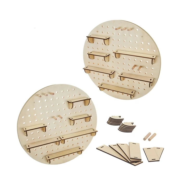 Home Adjustable Wall Decoration Organizer Display Stand Round Wooden Pegboard Painted Custom Pine ASW20190529 Wooden,wood