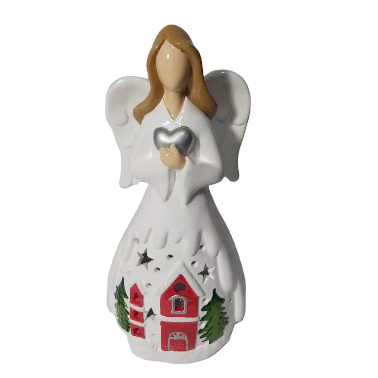 2022 Latest Style Christmas Ornaments Xmas Decor Seasonal Ornament big angel Figures with xmas house and  tree  with LED light