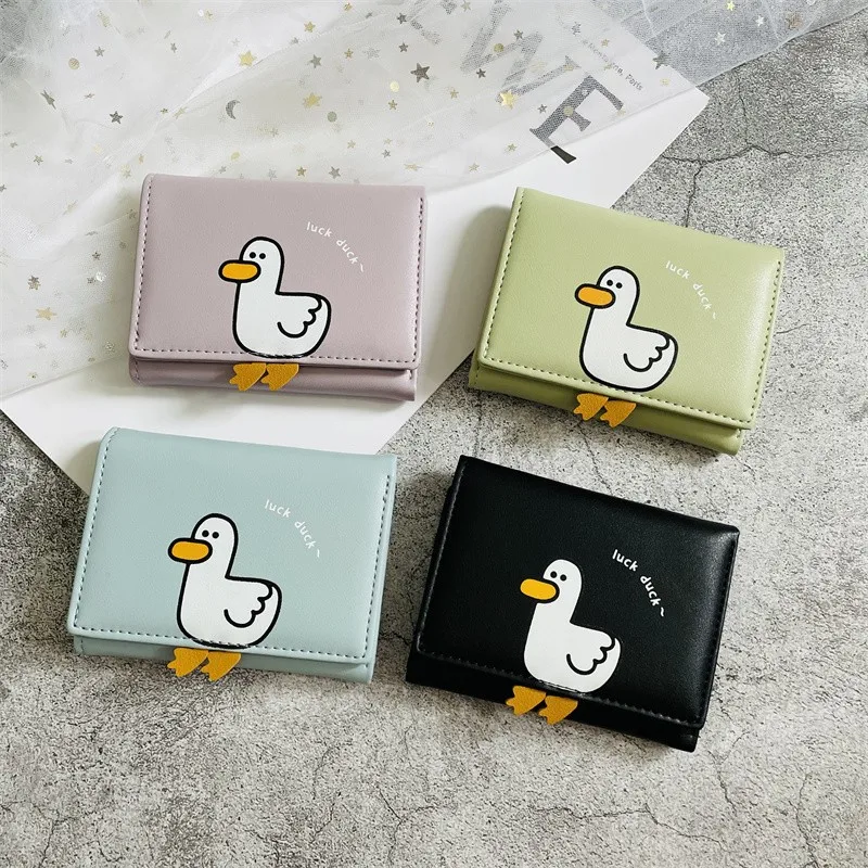 Multi-slot Three Fold Pack Luck Duck Short PU Wallet Lady Kids Cute Duck Printed Coin Purse with Magnet