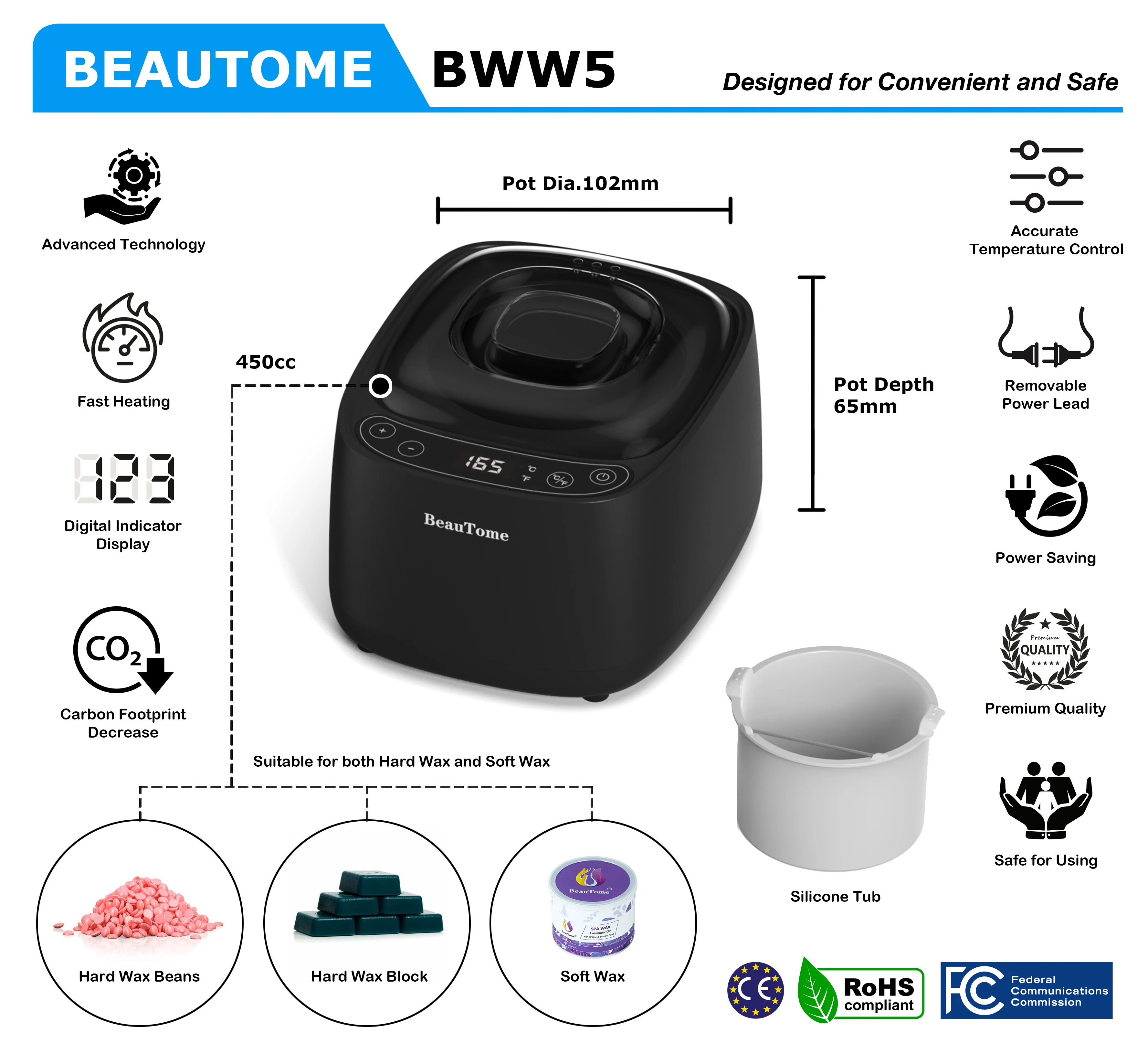 Best selling Beautome BWW5 wax heater machine hair removal kit 450cc wax pot for hard wax