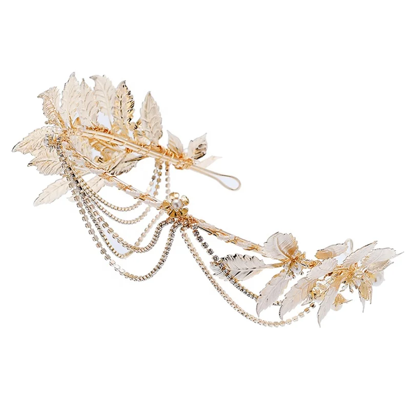 Luxury Crystal Pearl Gold Leaves Earring Girls Bride Wedding Hair Accessories Jewelry Princess Crown Tiaras