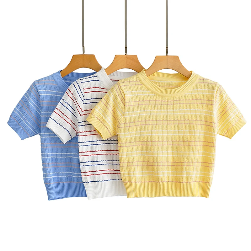 
Женский трикотажный пуловер в полоску, с коротким рукавом и круглым вырезом 