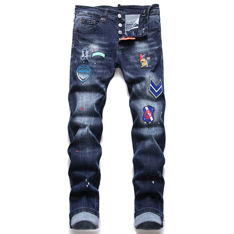 Denim jeans men elastic self cultivation small straight big trendy fashion jeans pant men badge destruction hip hop jeans men