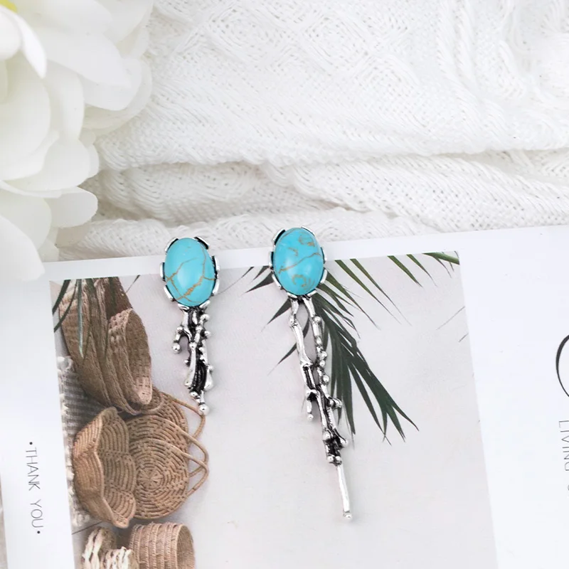 Silver Needle Bohemian Style Asymmetric Blue Turquoise Earrings Creative Personality Inlay Fashion Jewelry