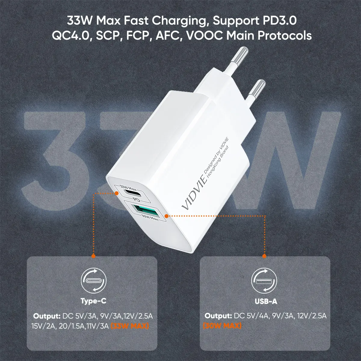 VIDVIE Smart PD 33W Dual USB Ports Type C Caricatore Mobile Charger