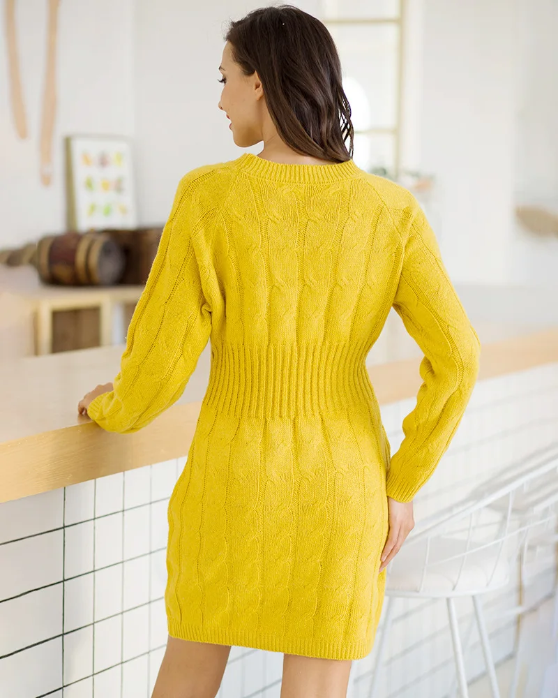 Clothing factory wholesale women knitted miniskirts plus size dress Mid-length Neon green sweater dress