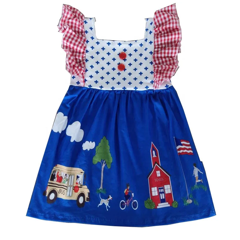 
Popular girls dress ruffle sleeveless dress with button tunic top girls cartoon bus pattern baby dress 