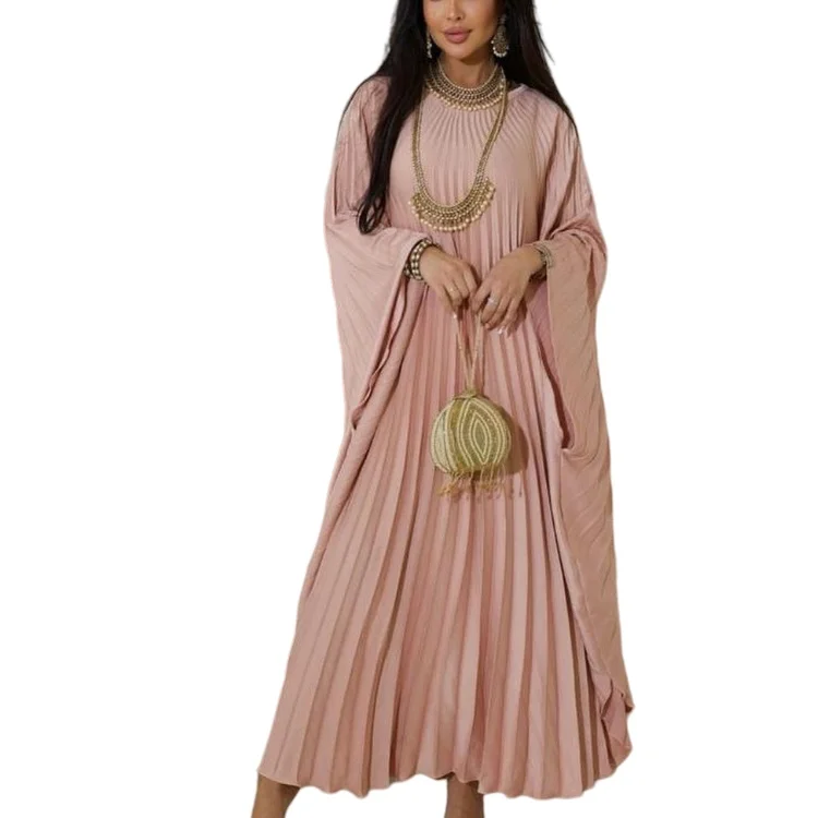 Fashion pleated robe solid color big swing dress plus-size dress Arab Dubai Muslim women islamic women clothes
