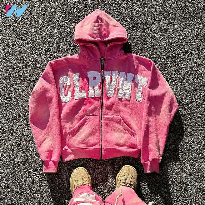 Wholesale Vintage Applied Heavy Weight Custom Patches Acid Wash Zip Up Distressed Embroidered Hoodie