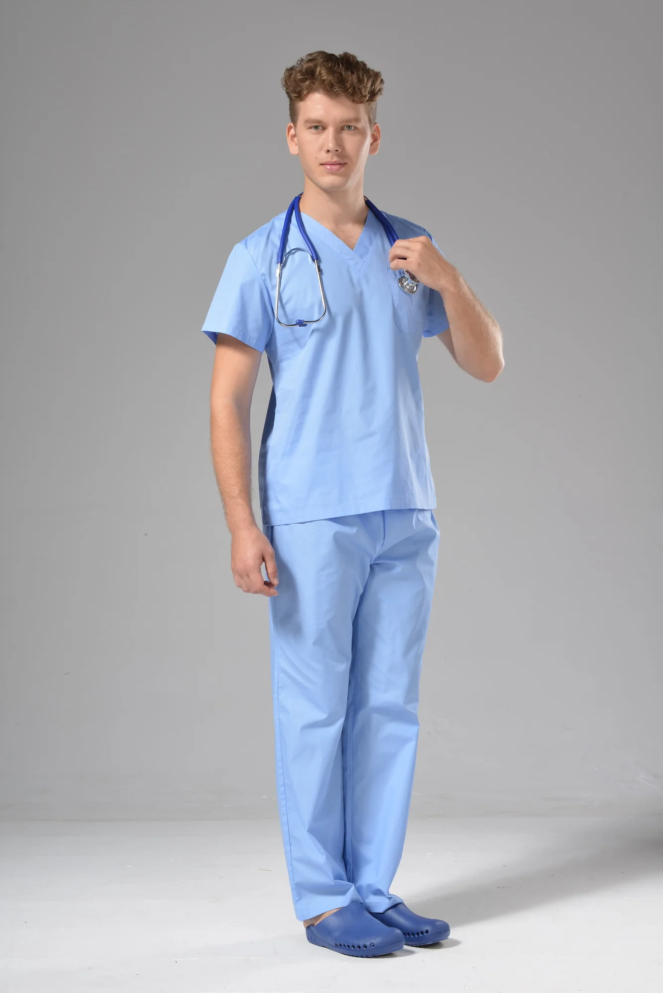 FUJU Medical Scrubs Unisex V Neck Nurse Uniform Anno Medical Scrub Uniform Cyan OEM Spandex HEN Time Lead Fabric Doctor Support